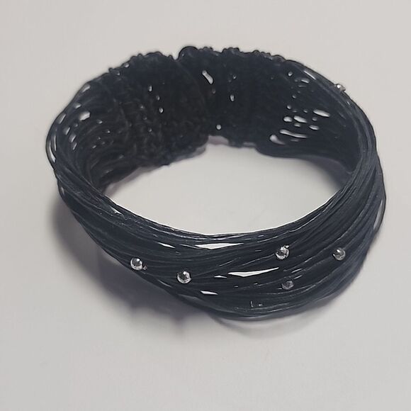 Multi Strand Rope Bracelet Weave Black Silver beads Button Clasp - Picture 1 of 4